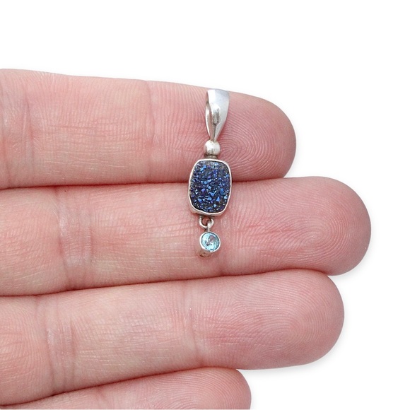 Sajen Druzy Quartz & Blue Topaz Sterling Silver Necklace Pendant Two Stone Drop - Picture 4 of 4